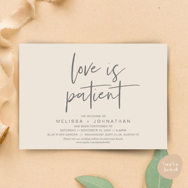 Convite O amor é paciente, Mude nossa data de casamento (Minimalist, Love is patient, Romantic Wedding Change the new date card PDF in Cream Grey)