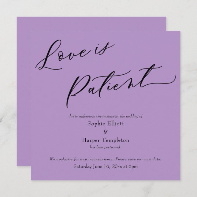 Convite O amor é Patient Purple Postpond Wedding Card (Frente/Verso)