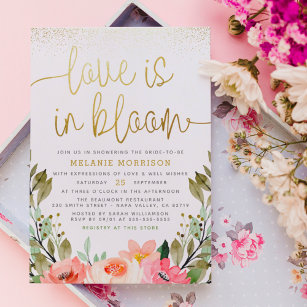 Convite O Amor Está Em Bloom   Chá de panela Floral Dourad