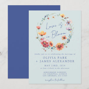 Convite O amor está em Bloom Floral Wreath Blue Wedding