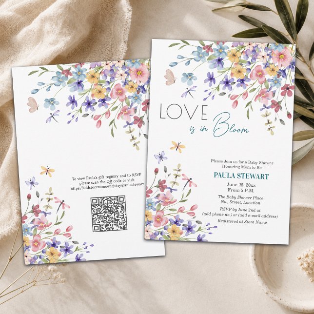 Convite O Amor Está em Flor QR Code Chá de Bebê Azul (Criador carregado)