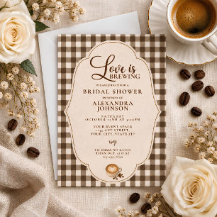 Convite O Amor Está Fazendo Café Brown Gingham Chá de Noiv