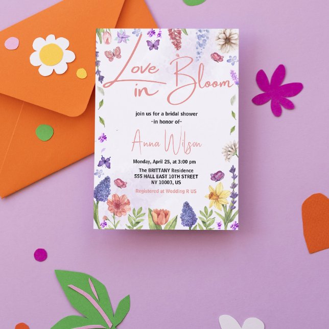 Convite o amor está florescendo brunch e champanhe chá de  (love is in bloom bridal shower invitations colorful flowers wildflowers floral hand written hand let)