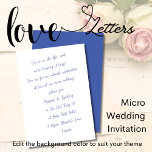 Convite O amor está no ar MICRO WEDDING Tinta manuscrita<br><div class="desc">Este convite de casamento "Love Let ter" tem uma pequena quantidade de detalhes! Os ossos nus, nomes, data, hora, local e localização. Você pode adicionar detalhes à parte traseira digitando as ferramentas de design e 'adicionando texto', você também pode alterar a cor do plano de fundo, a fonte, a cor...</div>