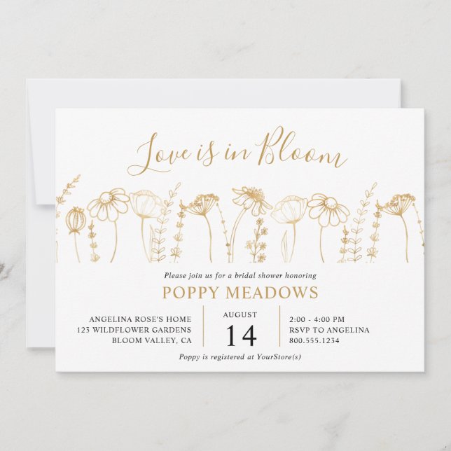Convite O amor está no Bloom Dourado Wildflower Chá de pan (Frente)