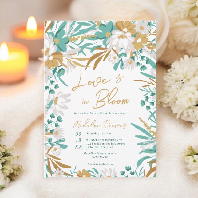 Convite O amor está no Dourado Chá de panela Floral Teal (Love is in bloom Teal Gold Floral Bridal Shower Invitation)
