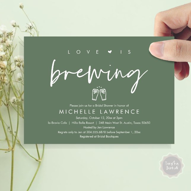 Convite O amor está se formando, Chá de panela da Festa de (Love is Brewing, Bridal Shower Invitation Card, PDF, Beer Brew Party Celebration, Forest Sage Green)