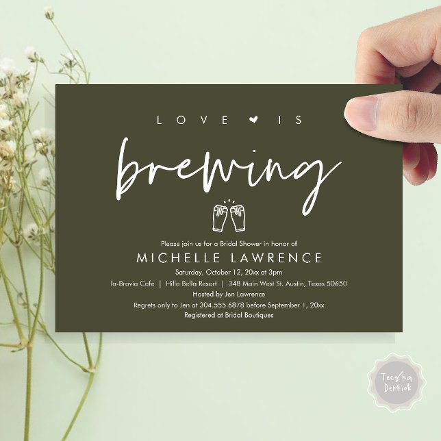 Convite O amor está se formando, Chá de panela da Festa de (Love is Brewing, Bridal Shower Invitation Card, PDF, Beer Brew Party Celebration, Olive Sage Green)
