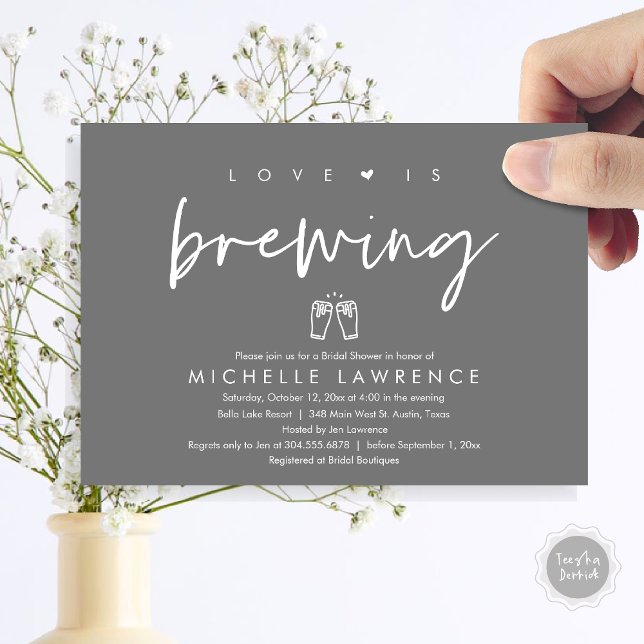 Convite O amor está se formando, Chá de panela do Casual B (Love is brewing, Modern Casual Romantic Beer Party Bridal Shower Invitation Card, PDF, Dark Grey)