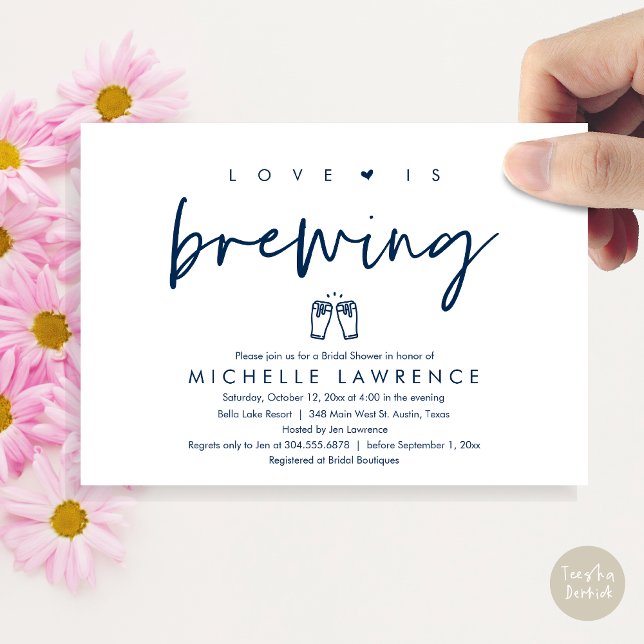 Convite O amor está se formando, Chá de panela do Casual B (Love is brewing, Modern Casual Romantic Beer Party Bridal Shower Invitation Card, PDF, Navy Blue)