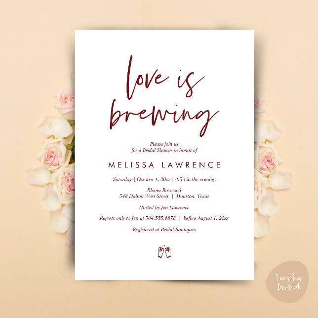 Convite O amor está se formando, Festa de Cerveja Chá de p (Love is brewing, Perfect Bridal Shower Beer Party Invitation Card PDF Burgundy Wine Red)