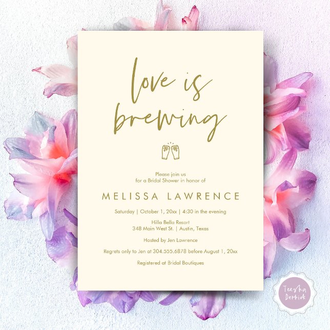 Convite O amor está se formando, Festa de Cerveja Chá de p (Love is brewing, Modern Elegance Bridal Shower Beer Party Invitation Card, PDF, in Yellow Gold)
