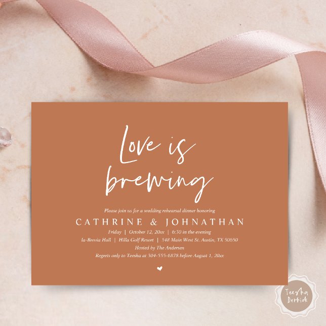 Convite O amor está se formando, Janto de ensaio de casame (Love is Brewing, Wedding Rehearsal Invitation Card, pdf, Beer Wine Party, in Copper Brown)