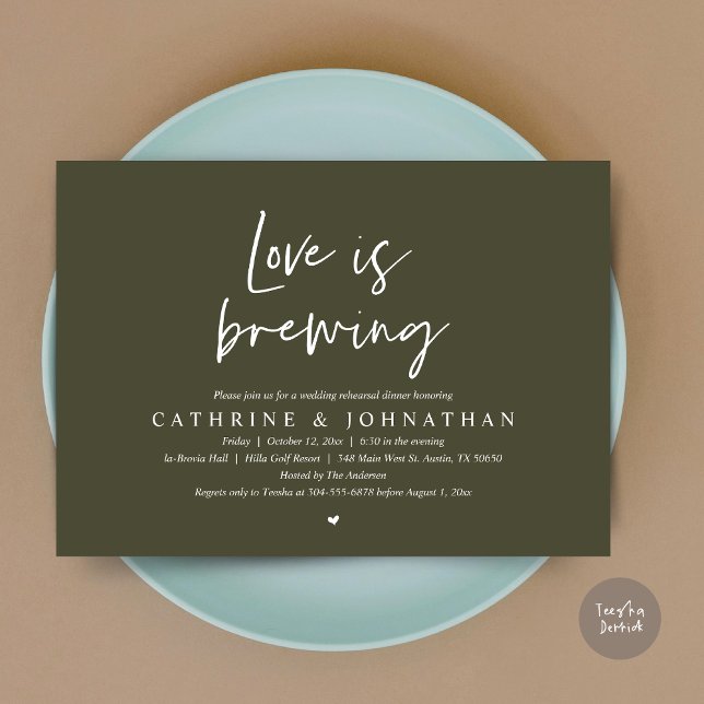 Convite O amor está se formando, Janto de ensaio de casame (Love is Brewing, Wedding Rehearsal Invitation Card, pdf, Beer Wine Party, in Olive Green)