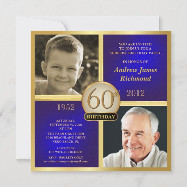 Convite O aniversário adulto Dourado azul convida Then-Now (Frente)