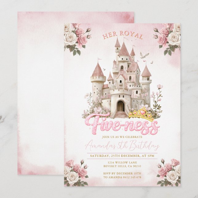 Convite O Aniversário da Princesa Cinco Real Rosa (Frente/Verso)