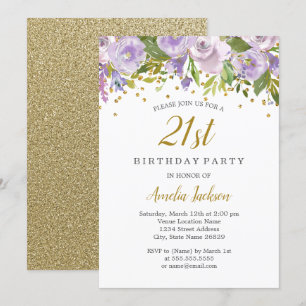Convite O aniversário de 21 anos roxo floral da faísca
