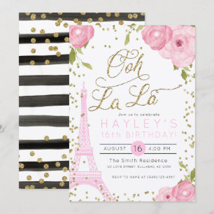 Convite O aniversário Dourado do rosa da torre Eiffel de