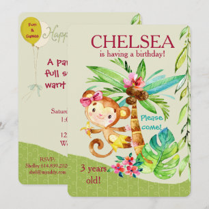 Convite O aniversário feliz feminino do macaco convida