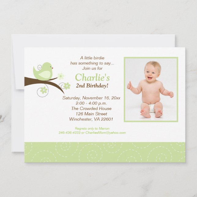Convite O aniversário verde na moda da foto dos pássaros (Frente)