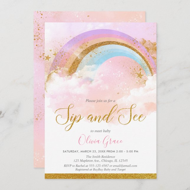 Convite O arco-íris gira e vê a garota pastel de ouro rosa (Frente/Verso)
