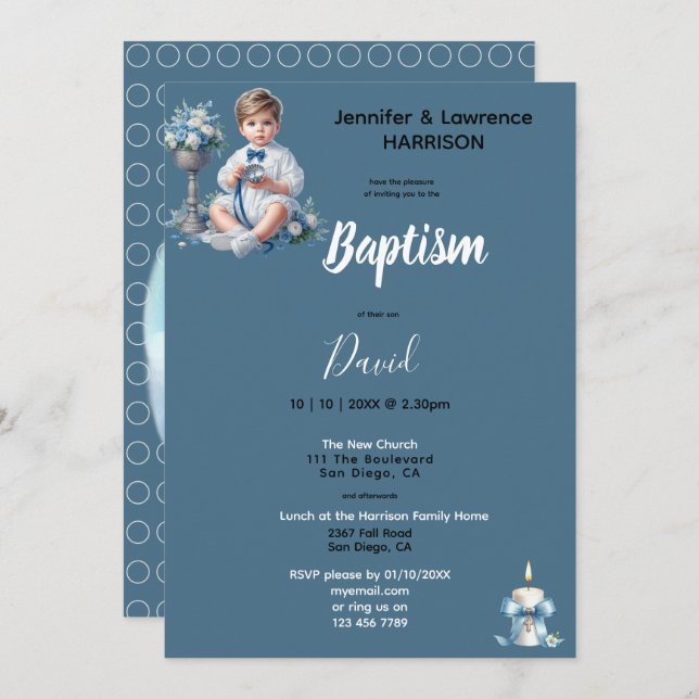Convite O Batismo do Menino é Azul Personalizado (Frente/Verso)