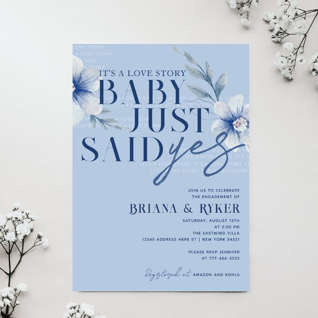 Convite O Bebê Disse Sim Noivado Azul (Baby Just Say Yes Dusty Slate Blue Watercolor Flower Engagement or Bridal Shower Invitation)