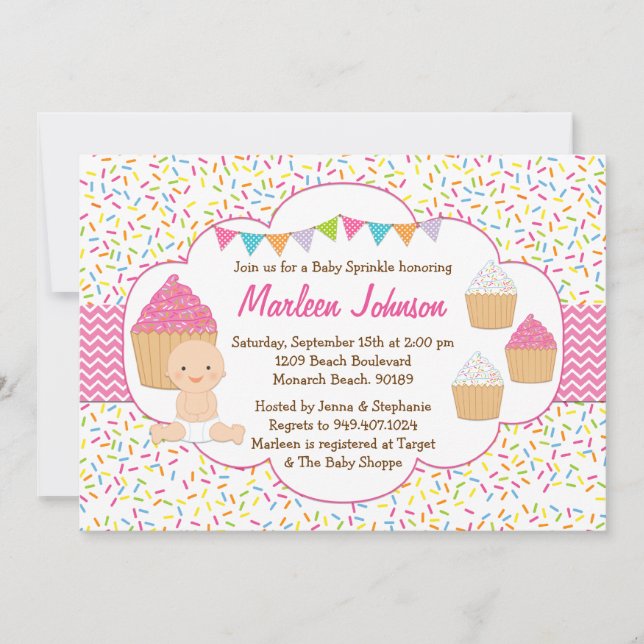Convite O bebê do cupcake polvilha a menina do rosa do (Frente)