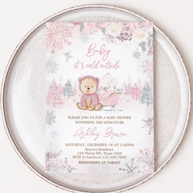 Convite O Bebê É Frio Fora Do Chá de fraldas Do Urso (Pink Winter Bear Baby Shower Invitation)