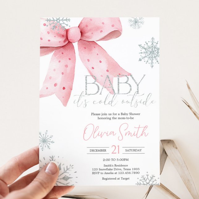 Convite O Bebê É Frio Fora Do Chá de fraldas Rosa (Winter Pink Bow Baby Shower Invitation
)