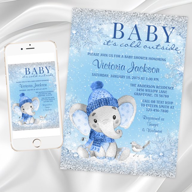 Convite O Bebê Elefante é frio fora do Chá de fraldas (Boy winter wonderland baby shower invitation with cute winter elephant on a snowflake background.)