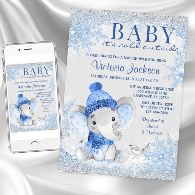 Convite O Bebê Elefante é frio fora do Chá de fraldas (Baby its cold outside baby shower invitations. Instant download and printed invitations available.)