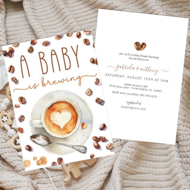 Convite O Bebê Está Fazendo Chá de fraldas De Café | Aquar (A Baby Is Brewing Baby Shower Invitation)