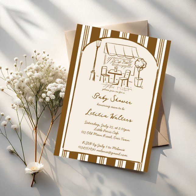 Convite O bebê está preparando café bebe chá de bebê (Baby is brewing cafe bebe coffee baby shower invitation cards template vintage brown stripes invites)