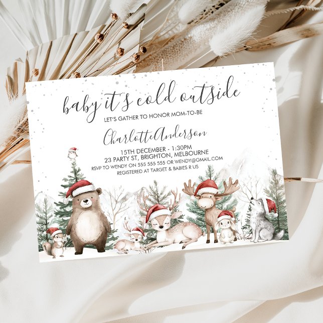 Convite O bebê Woodland é frio fora do Chá de fraldas (Woodland Baby It's Cold Outside baby Shower Invitation, Gender Neutral, Woodland Animals, Winter)