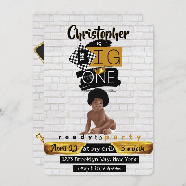 Convite O BIG| Afro Hip Hop Baby Boy Retro Birthday (Frente/Verso)