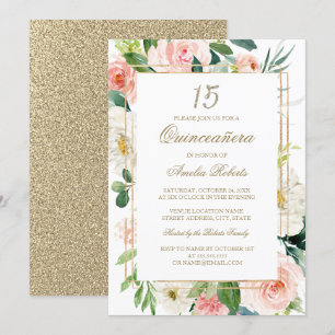 Convite O brilho Dourado cora Quinceanera floral