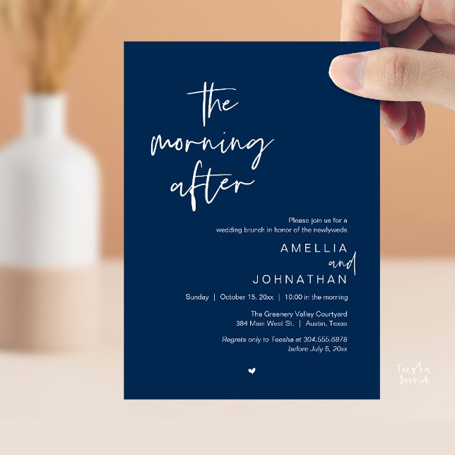 Convite O brunch do dia seguinte ao casamento, Modern Post (The morning after, Modern Post Wedding Brunch celebration  Invitation card in navy blue)