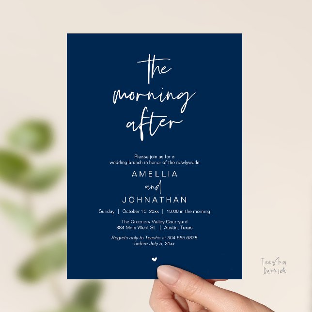 Convite O brunch do dia seguinte ao casamento, Modern Post (The morning after, Modern Post Wedding Brunch celebration  Invitation card in navy blue)
