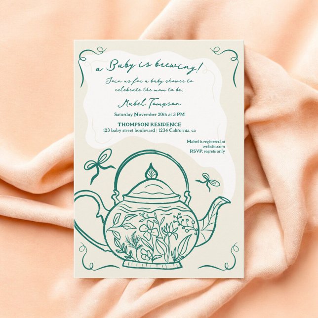 Convite O bule de arco verde retrô bebê está criando Chá d (Retro green bow teapot baby is brewing Baby shower Invitation)