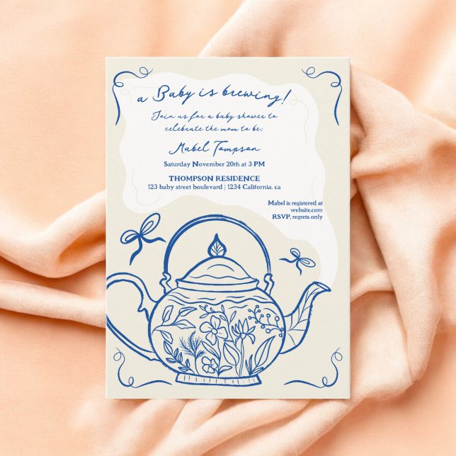 Convite O bule de chá de arcos azuis retrô bebê está crian (Retro blue bows teapot baby is brewing Baby shower Invitation)