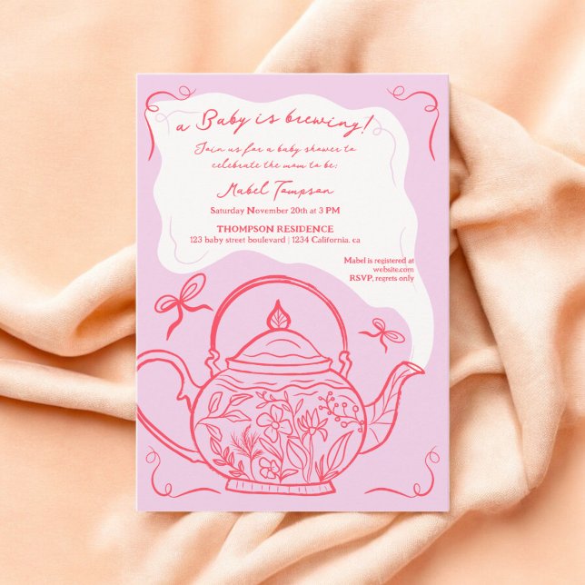 Convite O bule de chá de arcos vermelhos retrorado está cr (Retro red bows teapot baby is brewing Baby shower Invitation)