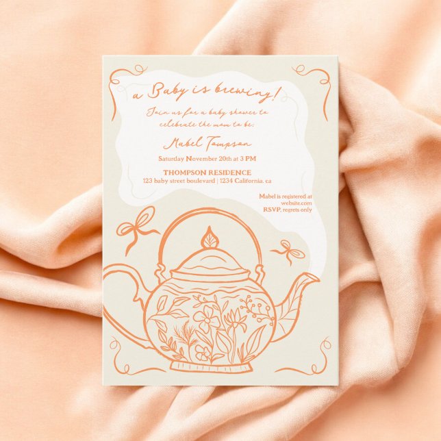Convite O bule de chá dos arcos de laranja retrorreflector (Retro orange bows teapot baby is brewing shower invitation)