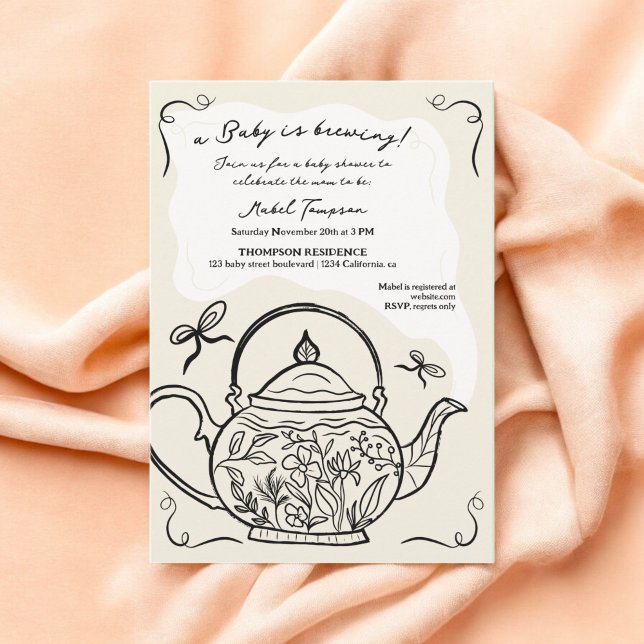 Convite O bule preto de arco retrô bebê está a fazer chá (Retro boho black bow teapot baby is brewing shower invitation)