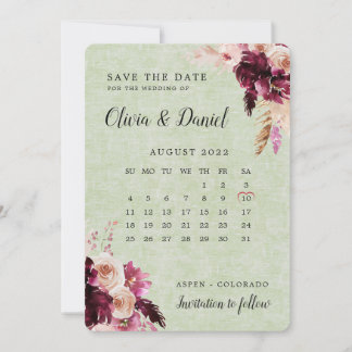 Convite O Calendário Verde Do Boho Burgundy Salva A Data