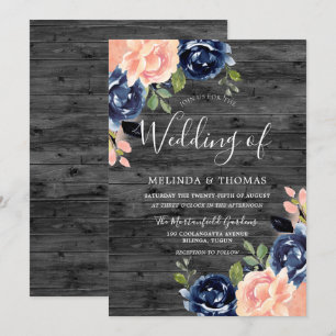 Convite O carvão vegetal rústico cora & o azul marinho