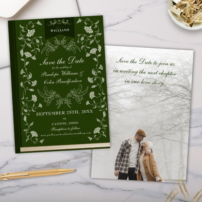 Convite O casamento da Biblioteca Verde do Caçador Elegant (Formal Elegant Hunter Forest Green Floral Wedding Save the Date Invitation Cards)