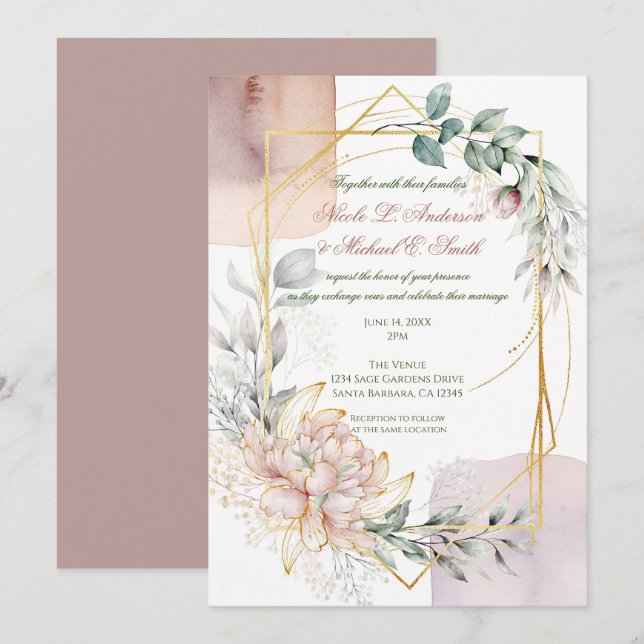 Convite O Casamento de Folhagens Florais Quadro Aureato (Frente/Verso)