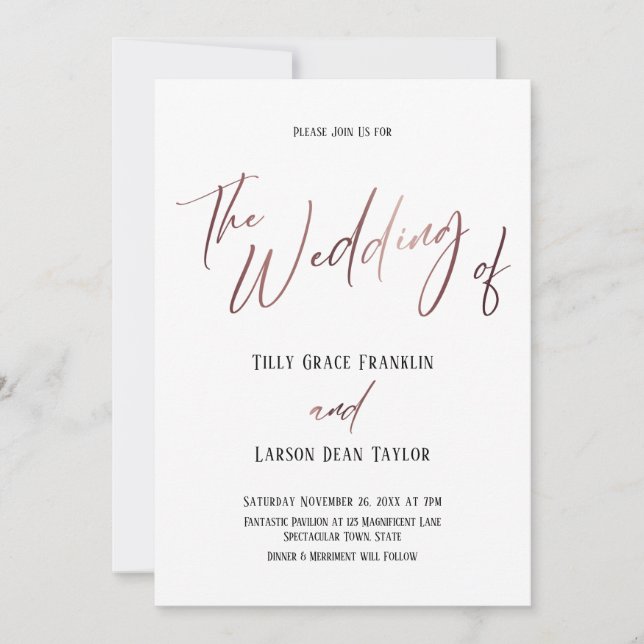 Convite O Casamento De Rose Gold Handwriting Simple (Frente)
