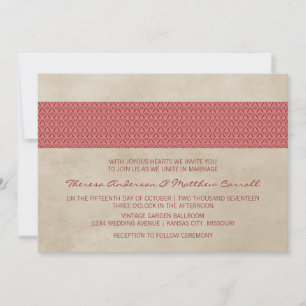 Convite O casamento tema damasco rústico vermelho convida